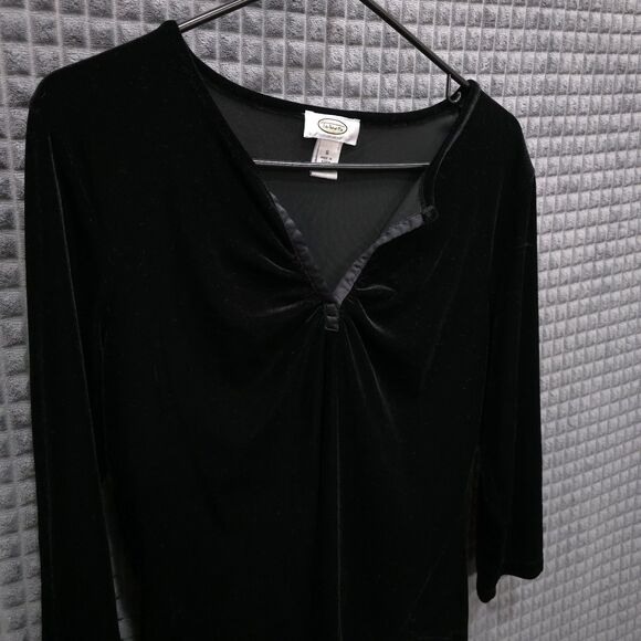 Velvet Y2K Black Top Sm 90s Stretch Velour Whimsigoth Witchy 3/4Sleeve Romantic - Picture 3 of 10